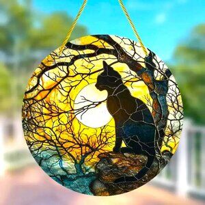 Suncatcher Black Cat Moon Tree Hanging Window Decor Art Colorful In/Outdoor NEW